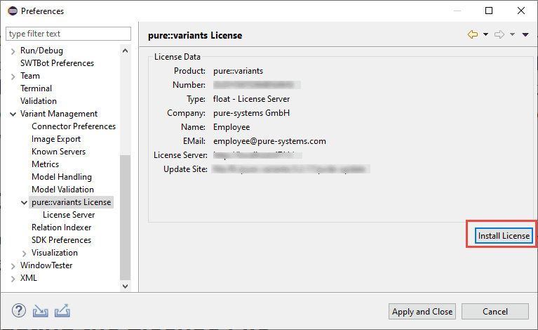 pure::variants License Preferences