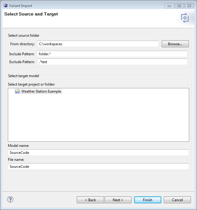 Page of the import wizard to select the source and the target for the import