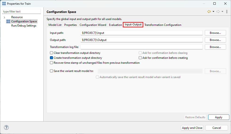 Configuration Space properties: Transformation input/output paths