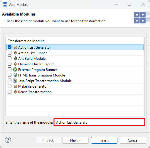 Transformation module selection dialog
