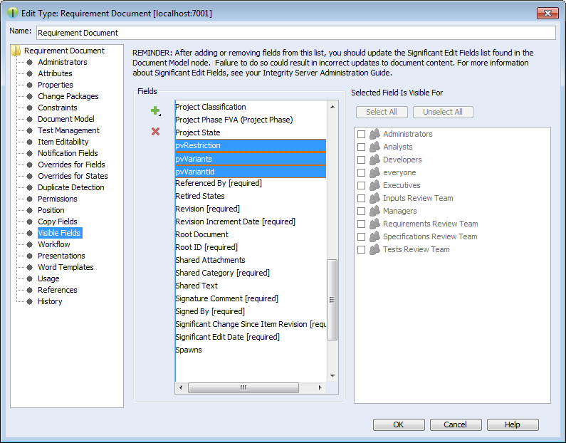 Fields added to type Requirement Document