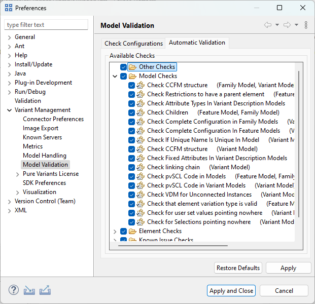 Automatic Model Validation Preferences Page