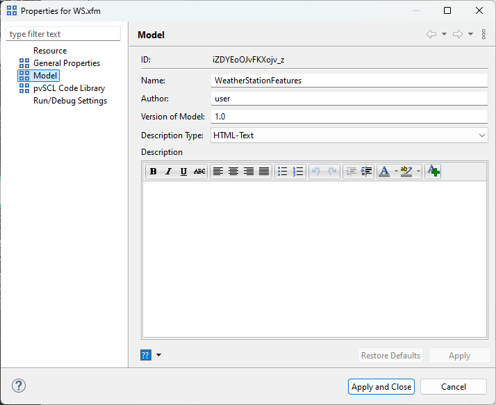 Feature Model Properties Page