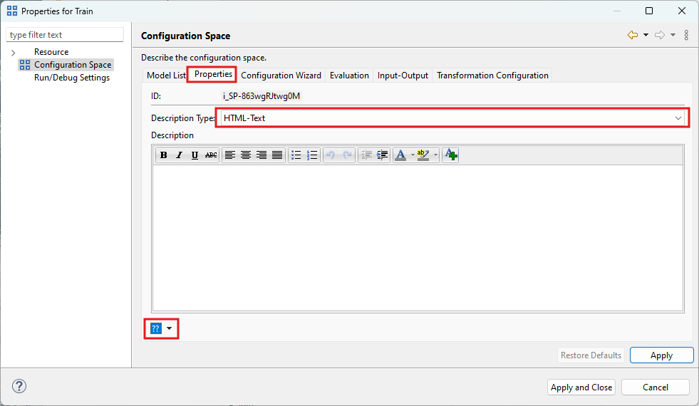 Configuration Space properties: Properties