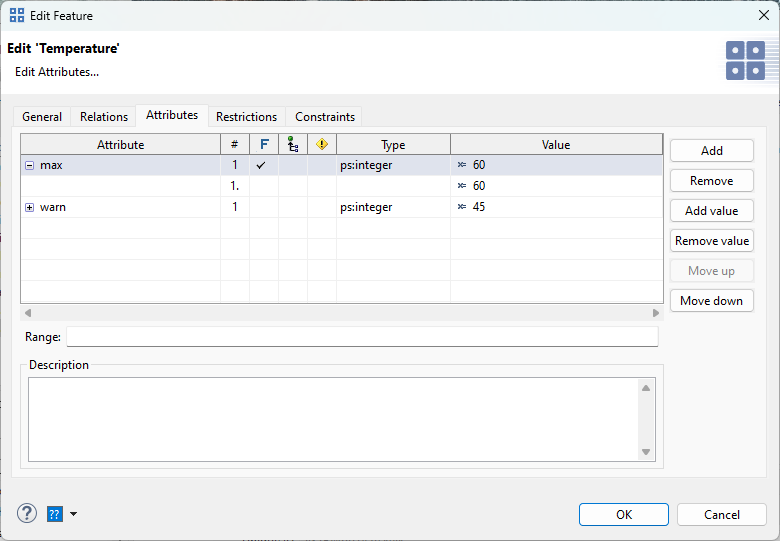 Sample attribute definitions for a feature