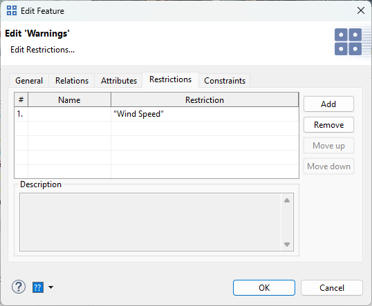 Restrictions page of element properties dialog