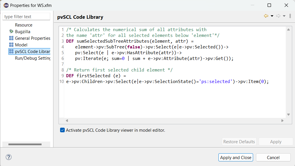 pvSCL Code Library Model Property Page