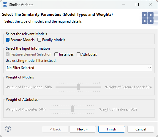 The similarity input configuration dialog