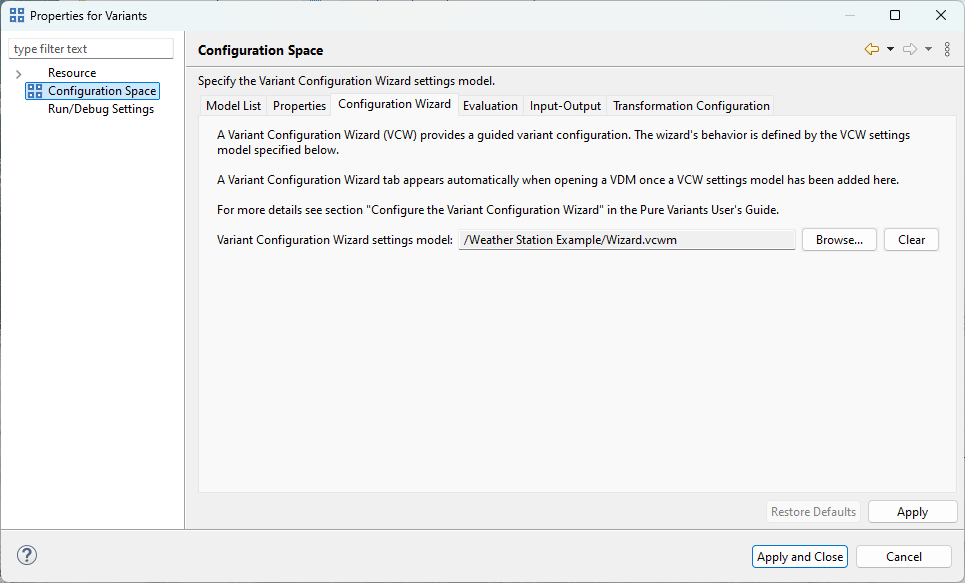 Add a Variant Configuration Model to a Configuration Space