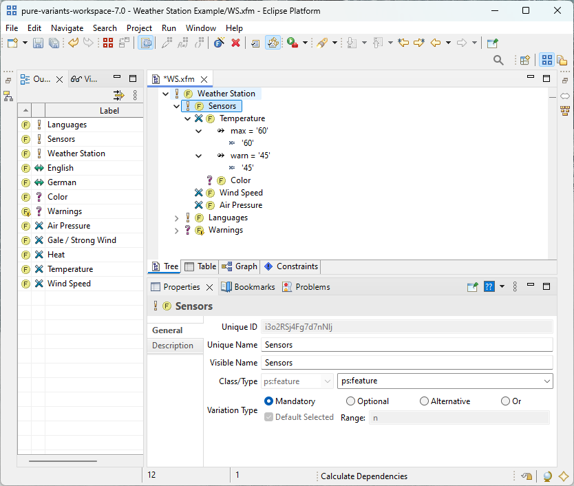 Feature Model Editor with outline and property view