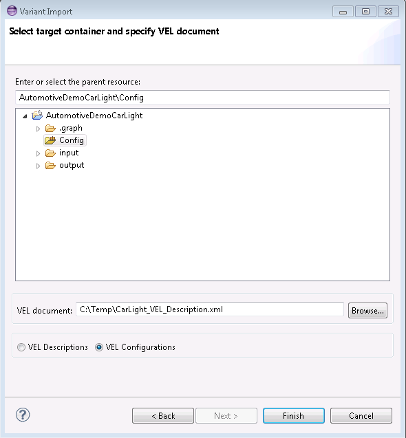 Import VEL Configuration Details Page