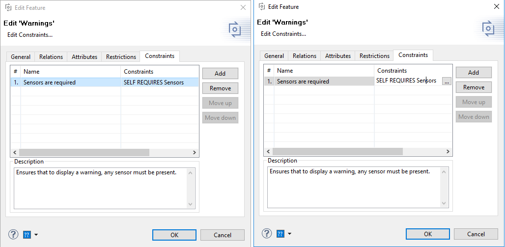 Constraints page of element properties dialog