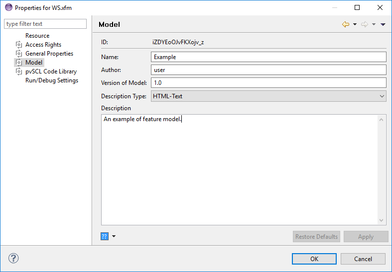 Feature Model Properties Page