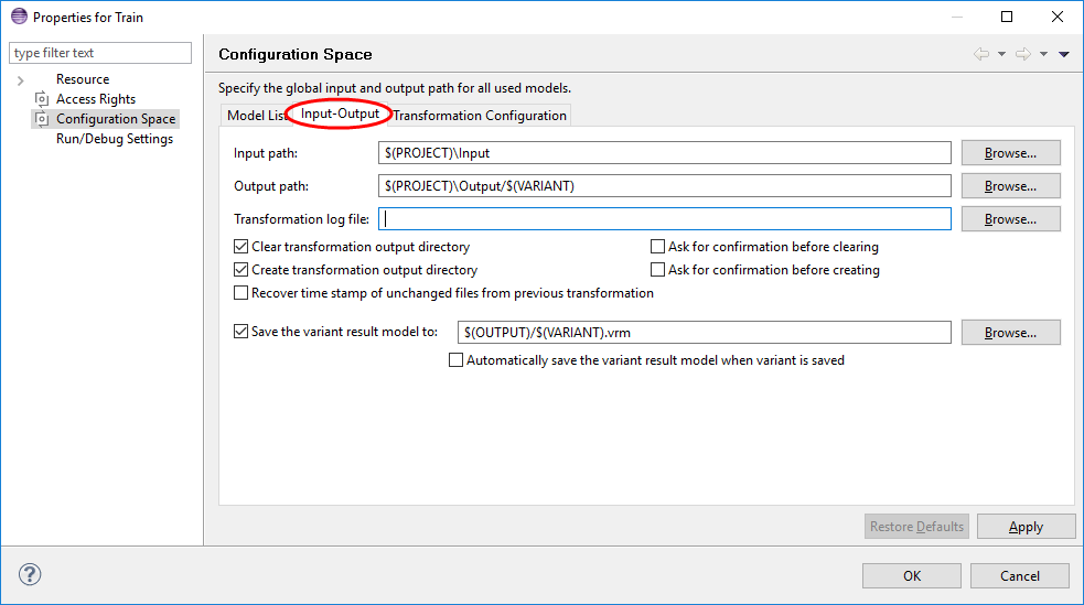 Configuration Space properties: Transformation input/output paths