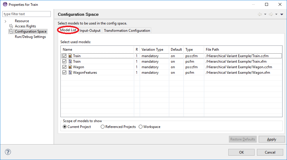 Configuration Space properties: Model Selection