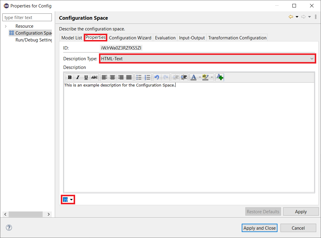 Configuration Space properties: Properties