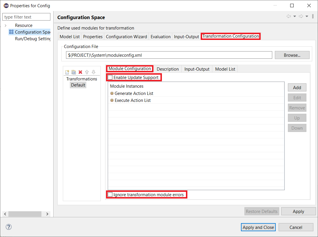 Configuration Space properties: Transformation Configuration