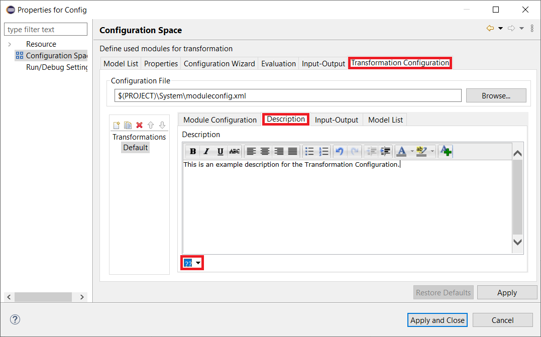 Configuration Space properties: Transformation Configuration