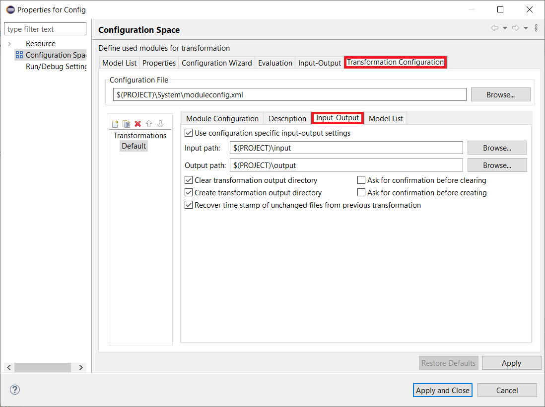 Configuration Space properties: Transformation Configuration