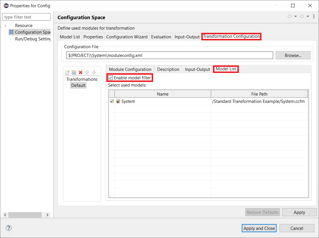 Configuration Space properties: Transformation Configuration