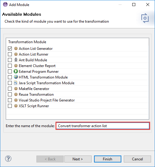 Transformation module selection dialog