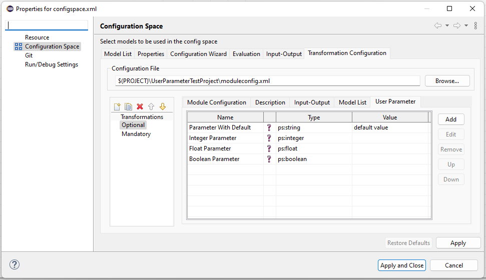 Configuration Space properties: Transformation Configuration