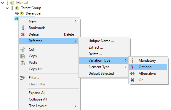 Refactoring context menu for a feature