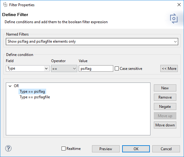 Filter definition dialog