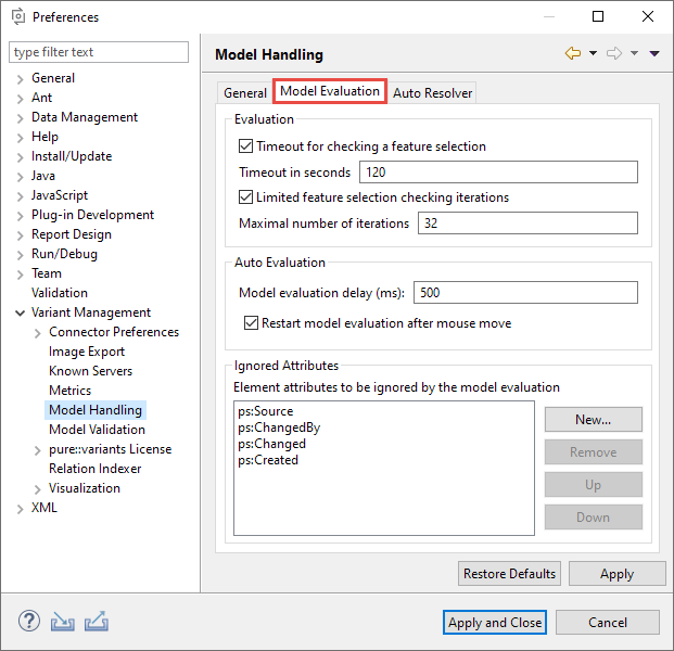 Model Evaluation Preferences Page