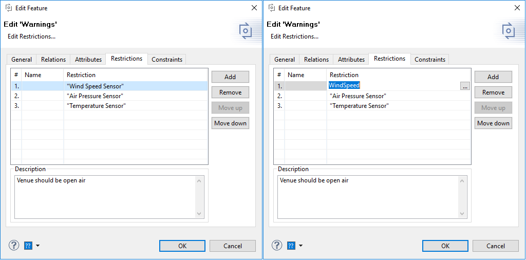 Restrictions page of element properties dialog