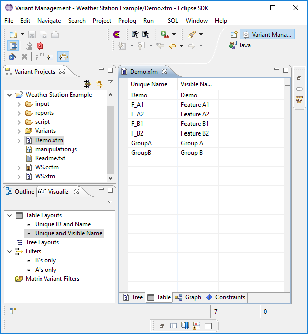 Visualization view (left) showing 2 named filters and 2 named layouts