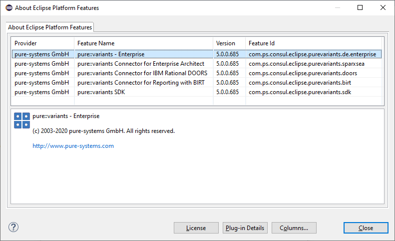 Installed pure::variants features