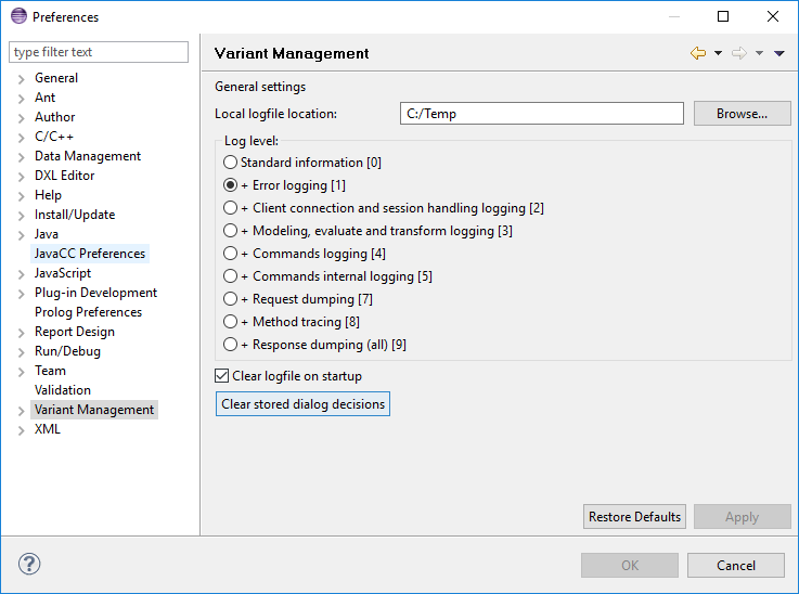 The configuration dialog of pure::variants
