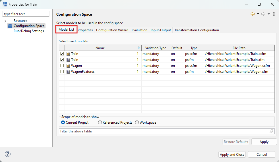 Configuration Space properties: Model Selection