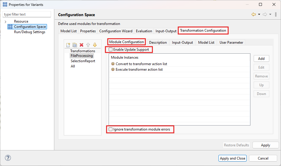 Transformation configuration in Configuration Space Properties