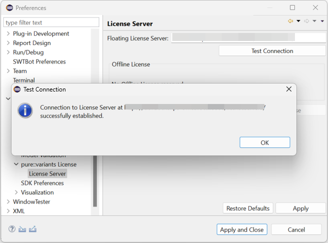 Pure Variants License Server Preferences