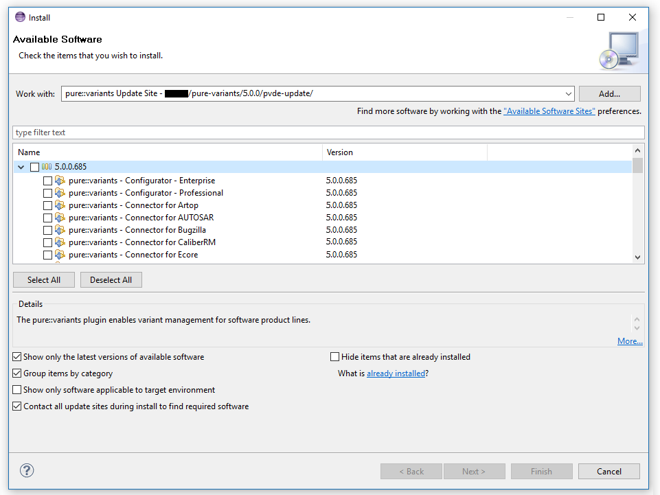 Pure Variants Plugin Selection