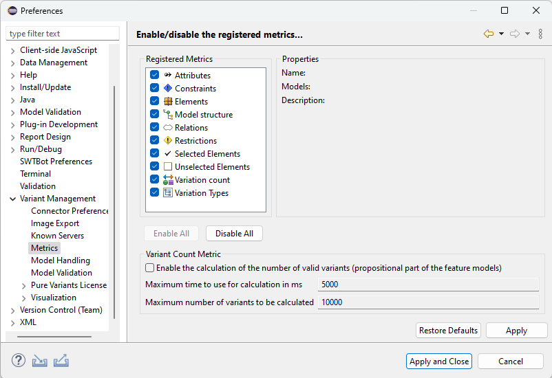 Variant Management Metric Settings