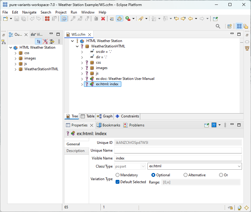 Open Family Model Editor with outline and property view