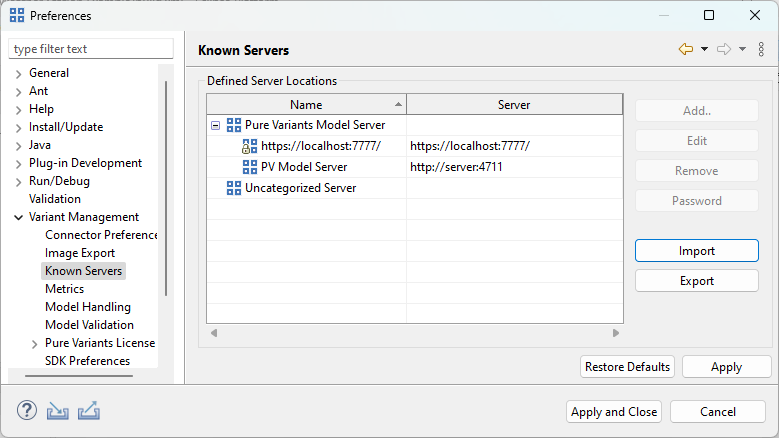 Known Servers page