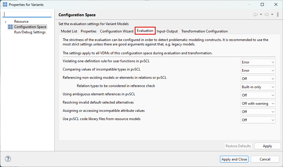 Configuration Space Evaluation Settings Page