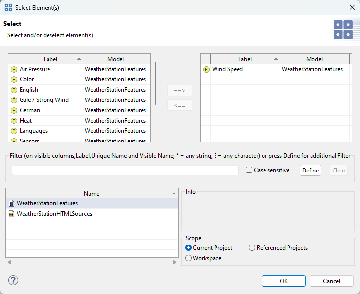 Element selection dialog
