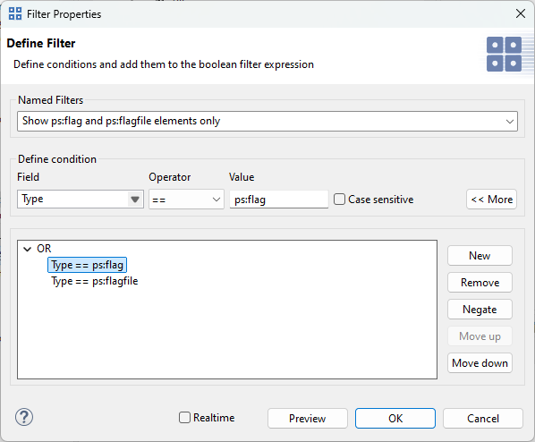 Filter definition dialog