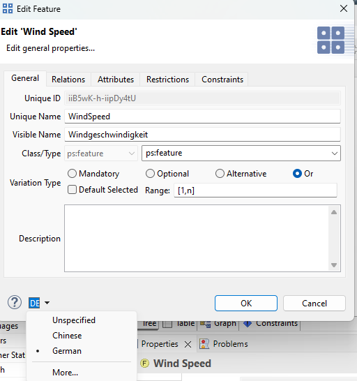 Language selection in the element properties dialog