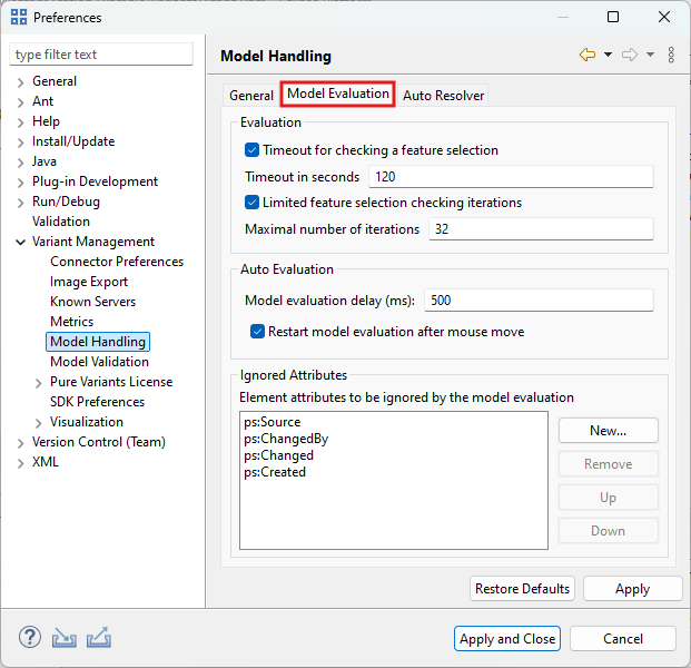 Model Evaluation Preferences Page