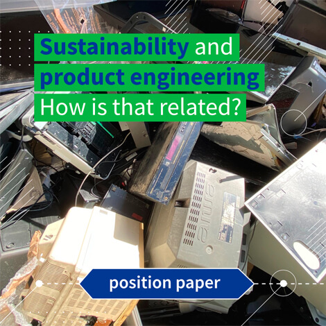 Sharepic: Bild von Altgeräten auf dem Text mit grünem Hintergrund platziert wurde. "Sustainability and product engineering. How is that related"?