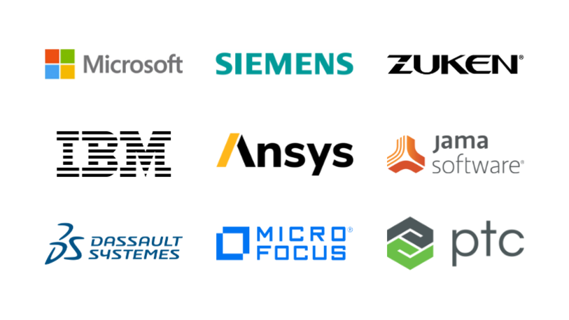 Logos: Microsoft Corporation; Siemens Aktiengesellschaft; Zuken; IBM Deutschland GmbH; ANSYS Inc; Jama Software; Dassault Systèmes; Micro Focus; Parametric Technology GmbH