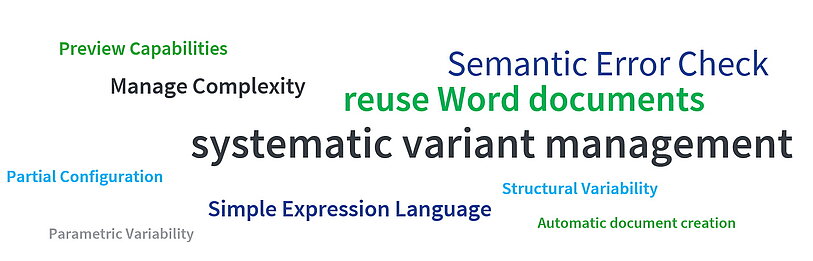 The image shows highlights of pure::variants connector for Microsoft Word in the form of a word cloud which are Easy Traceability, Manage Complexity, systematic variant management, Parametric Variability, Structural Variability, Preview capabilities, Simple Expression Language, Automatic document creation