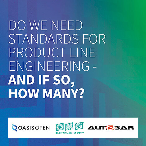 Sharepic: Auf blau-grünem Hintergrund wurde Text platziert "Do we need standards for product line engineering and if so, how many?" Logoeinbindung von: OASIS OPEN, OMG and AUTOSAR