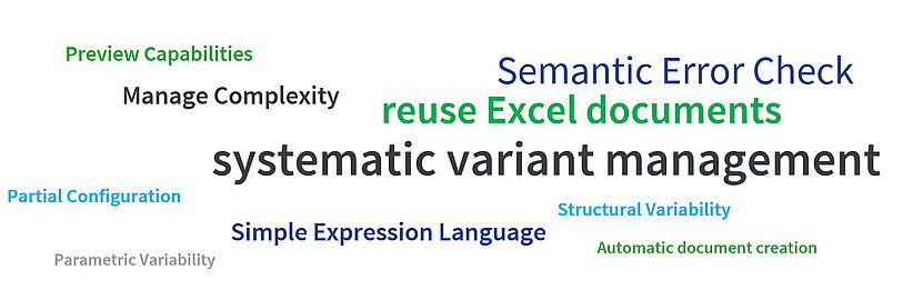 Word cloud for Microsoft Excel connector by pure::variants The image shows highlights of pure::variants connector for Microsoft Excel in the form of a word cloud which are Easy Traceability, Manage Complexity, systematic variant management, Parametric Variability, Structural Variability, Preview capabilities, Simple Expression Language, Automatic document creation